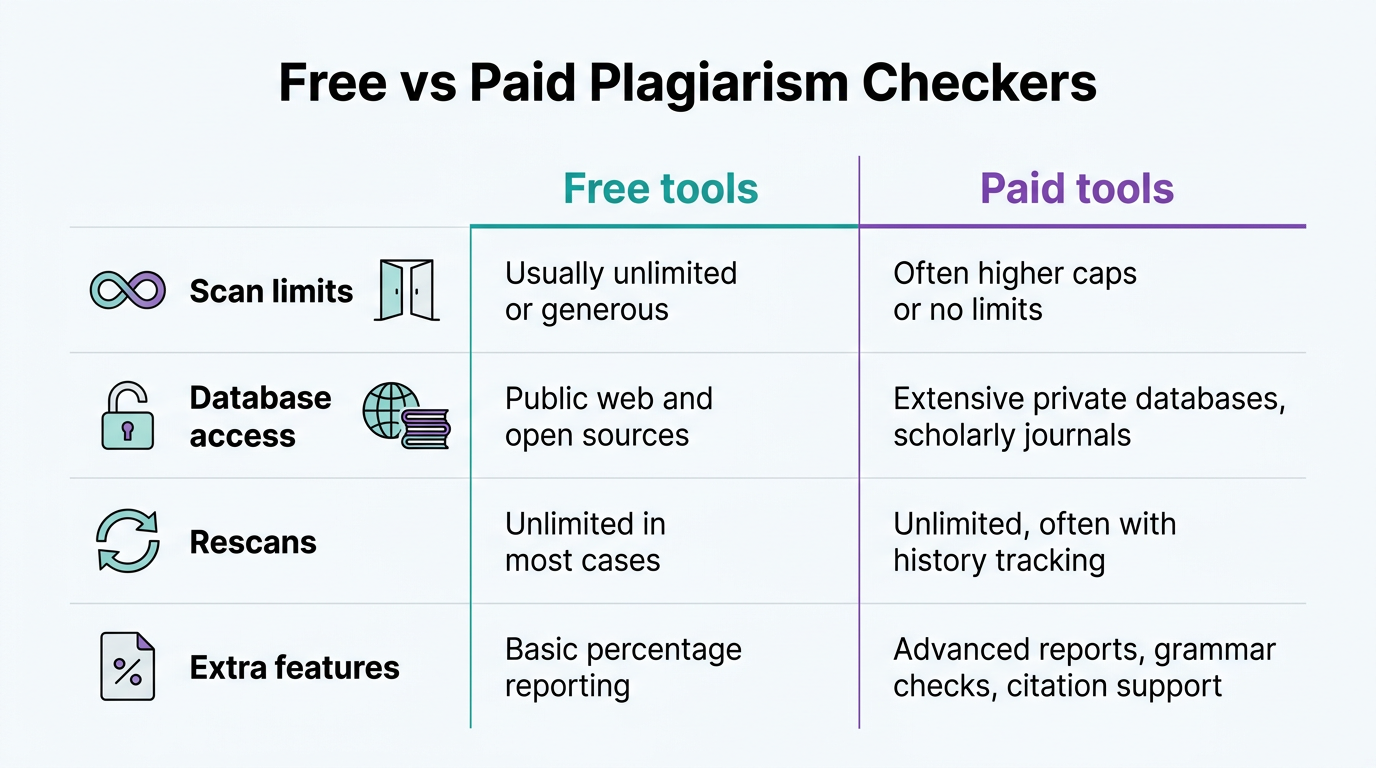 Comparison chart of free versus paid plagiarism checker features