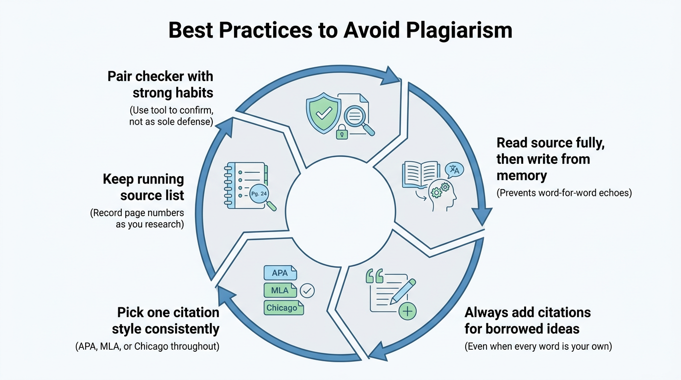 Five-step circular diagram of best practices to avoid plagiarism