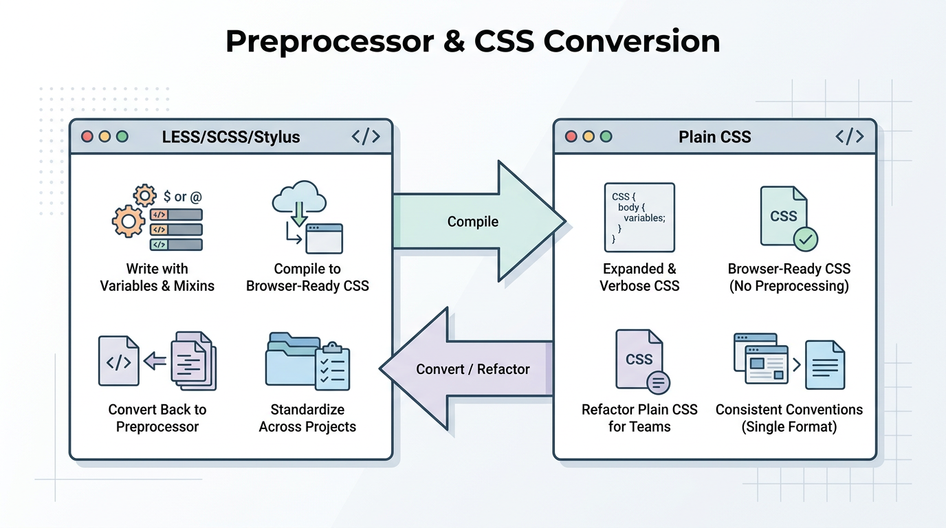 Two-way preprocessor and CSS conversion process diagram