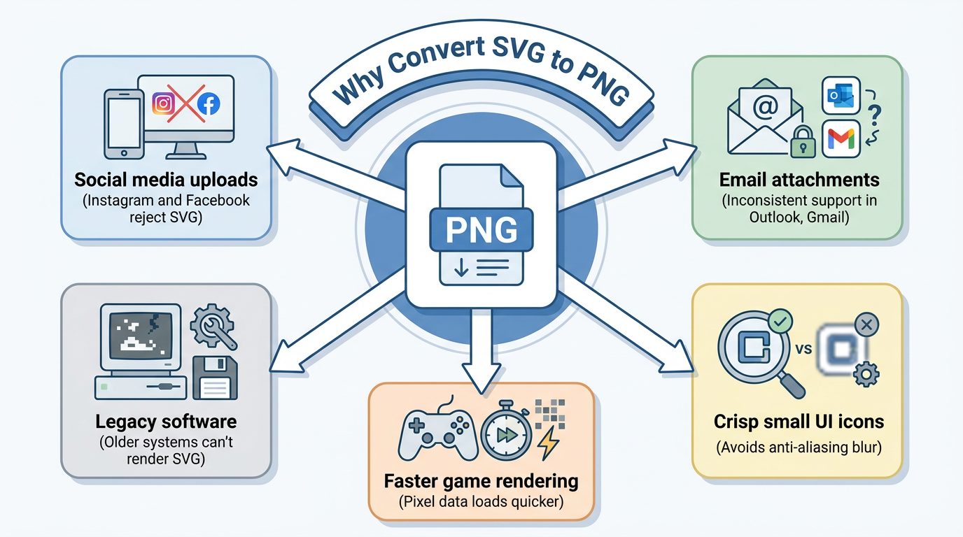 Infographic listing reasons to convert SVG to PNG