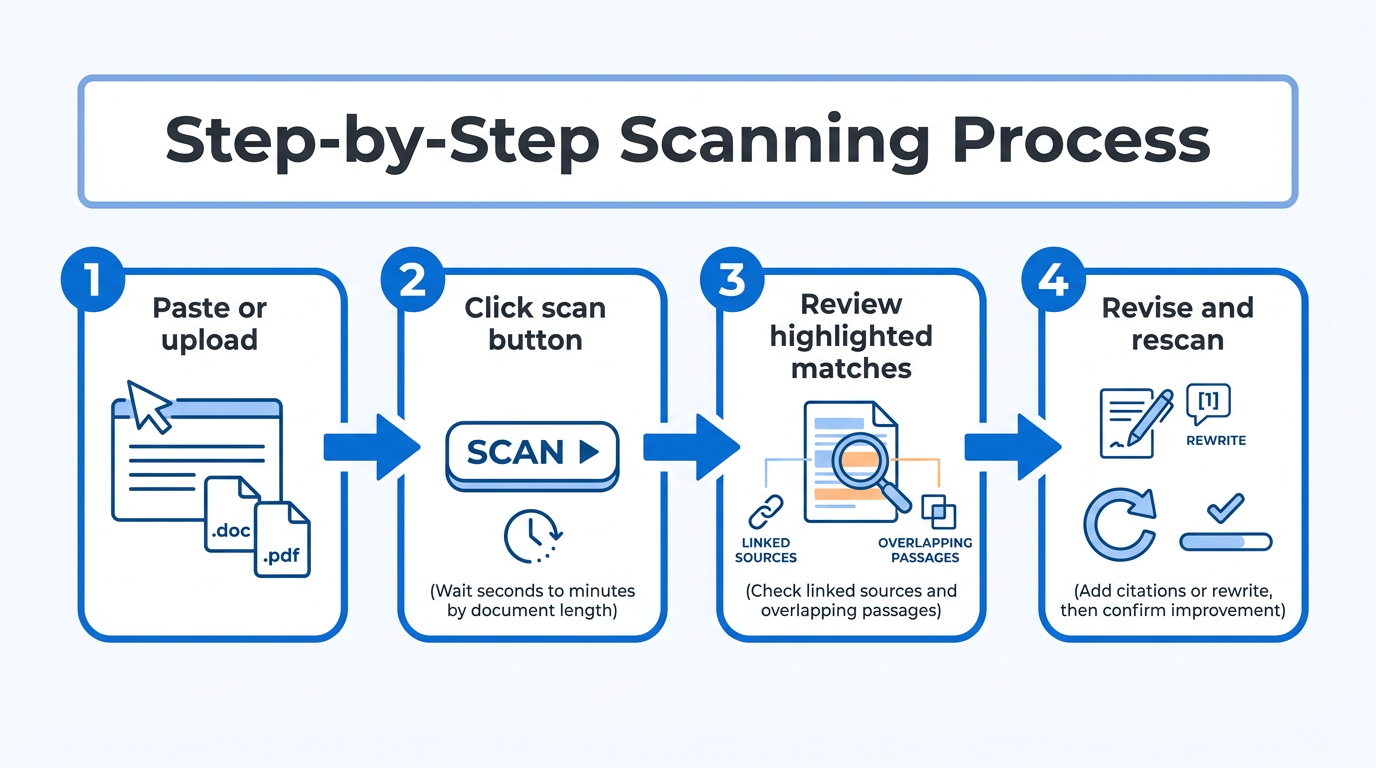 Four-step infographic showing the plagiarism checking workflow