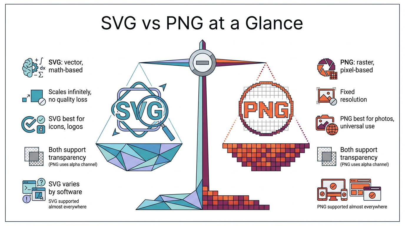 Infographic comparing SVG vector format and PNG pixel format