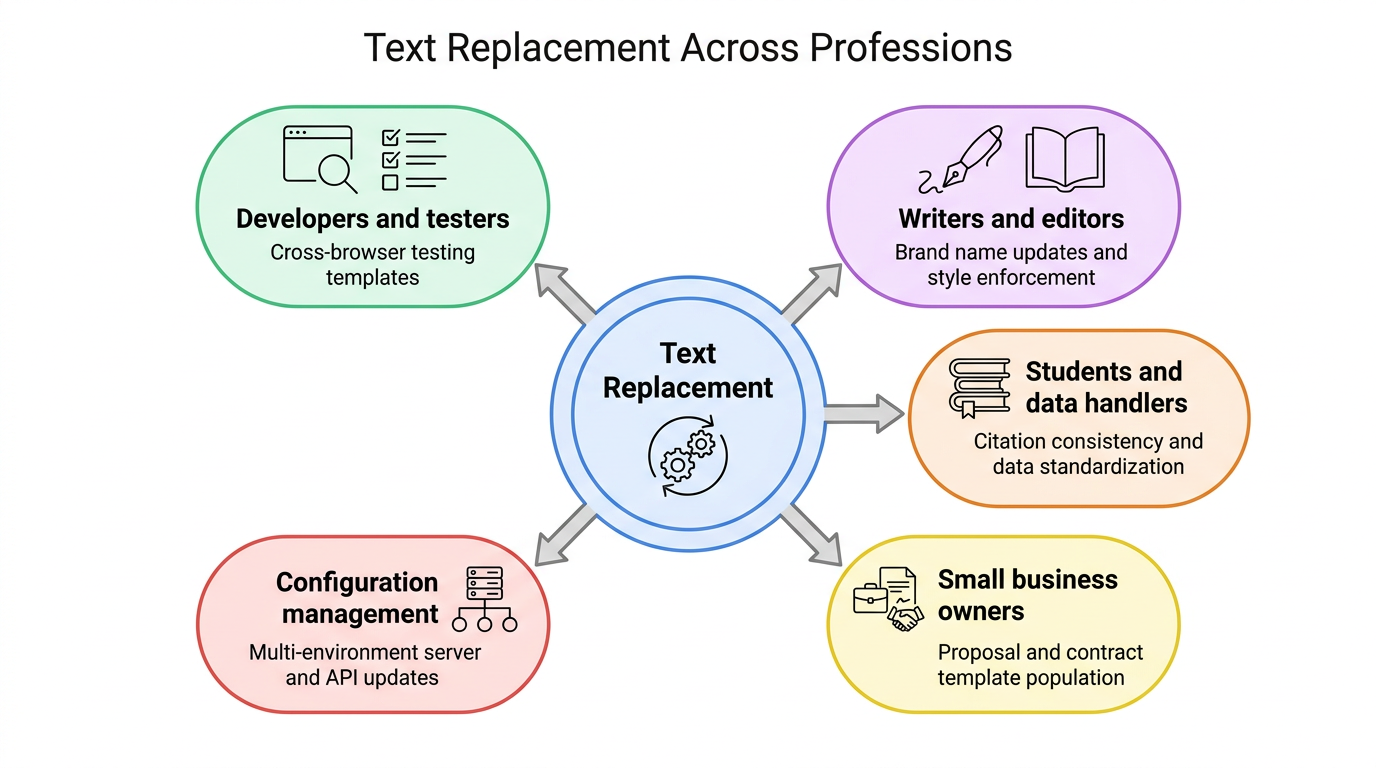 Infographic showing text replacement applications across different professional roles