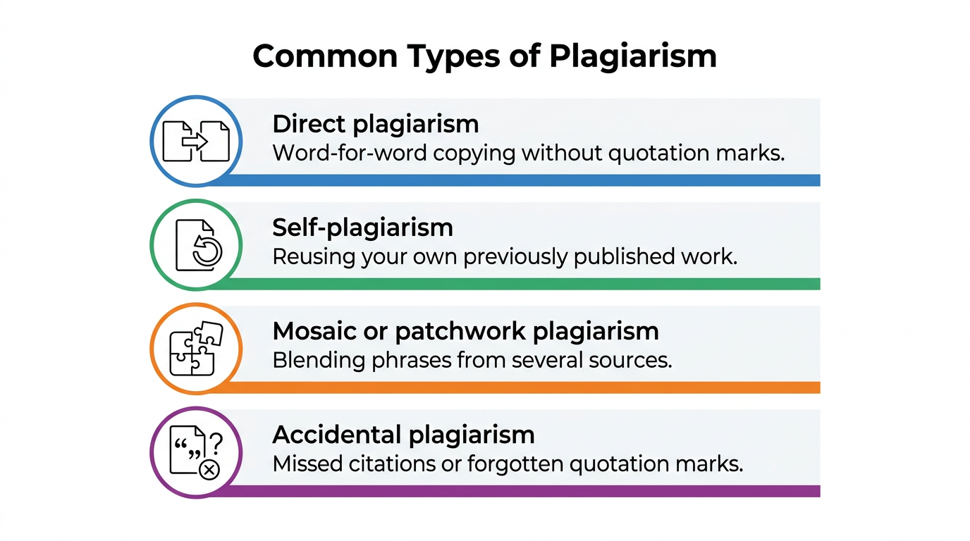 Infographic showing four types of plagiarism with icons and descriptions
