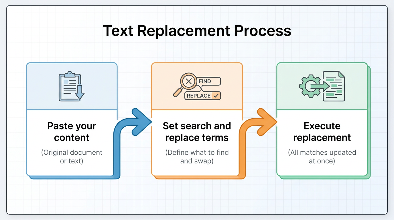 Three-step infographic explaining text replacement process