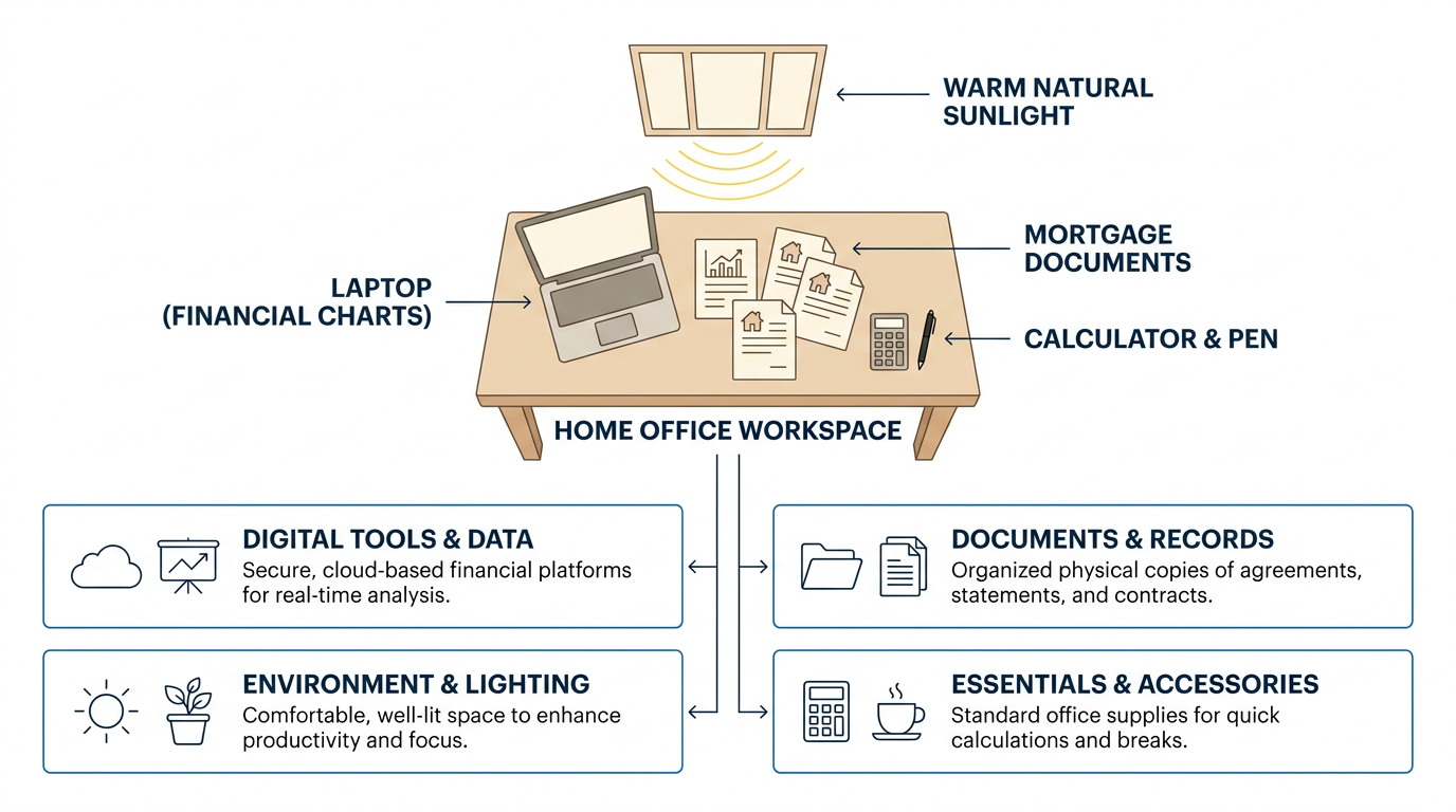 Home office setup for mortgage calculation and financial planning