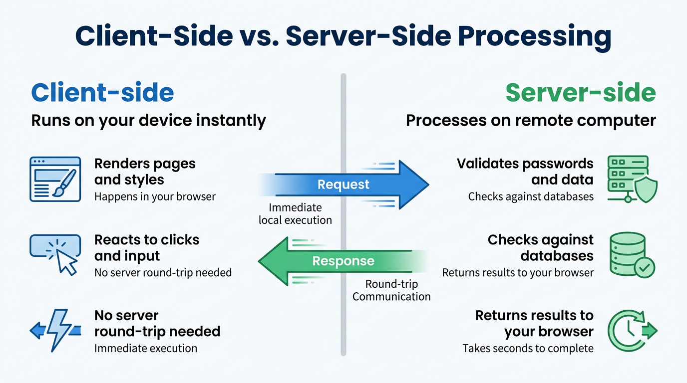 Side-by-side comparison of client-side versus server-side processing