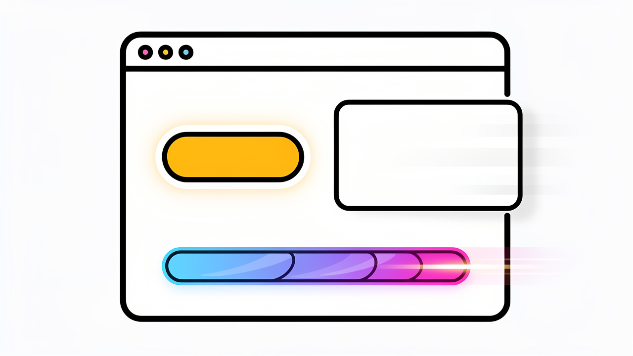 Browser interface with animated buttons, cards, and progress indicators