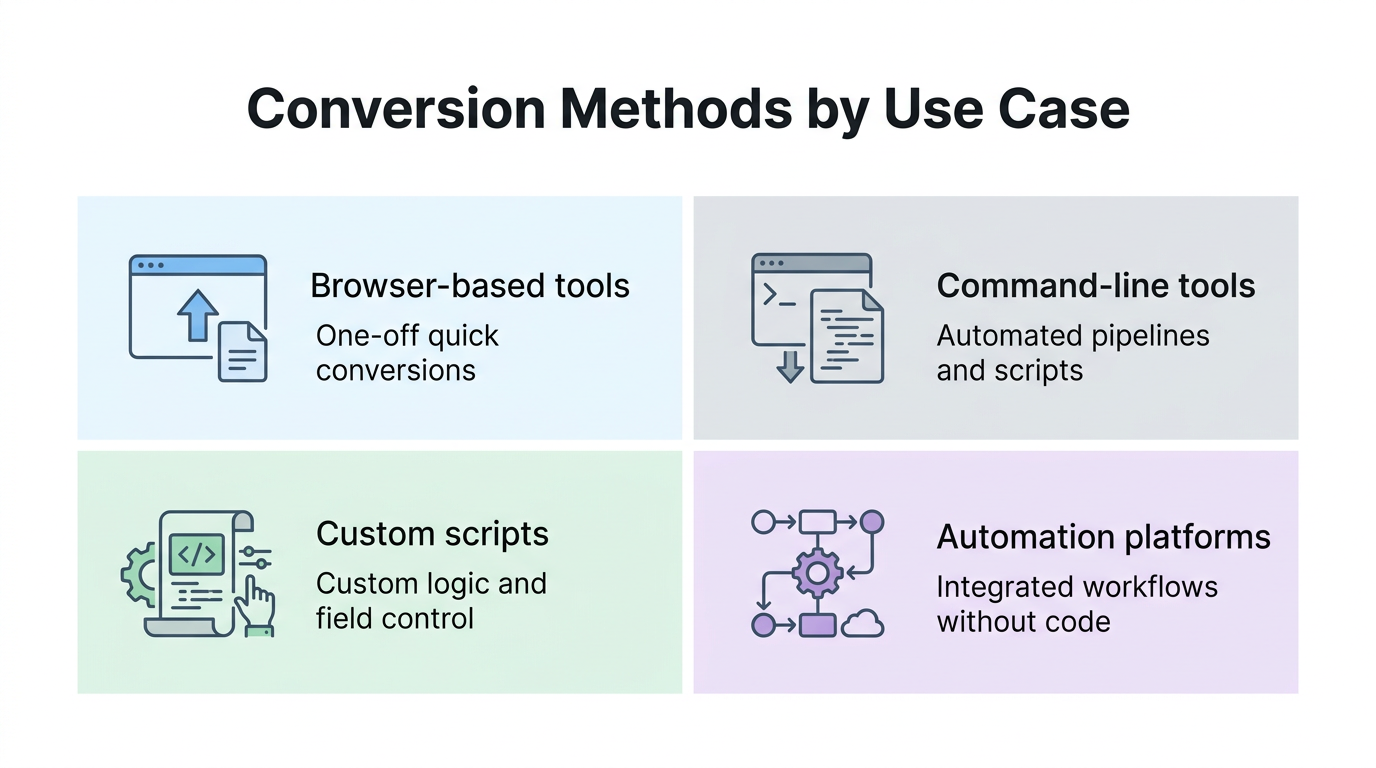 Matrix showing browser tools, command-line tools, scripts, and automation platforms