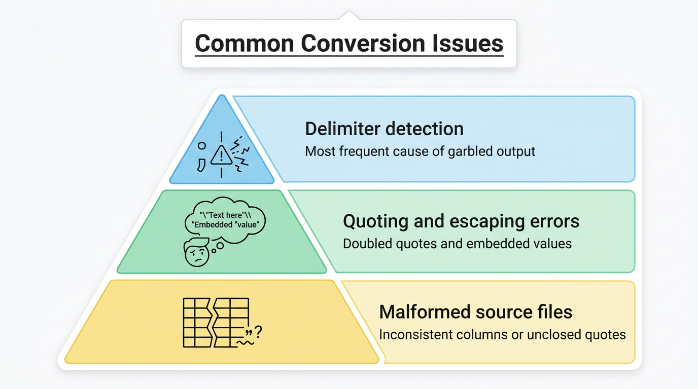 Common conversion errors: delimiter detection, quoting issues, and malformed files