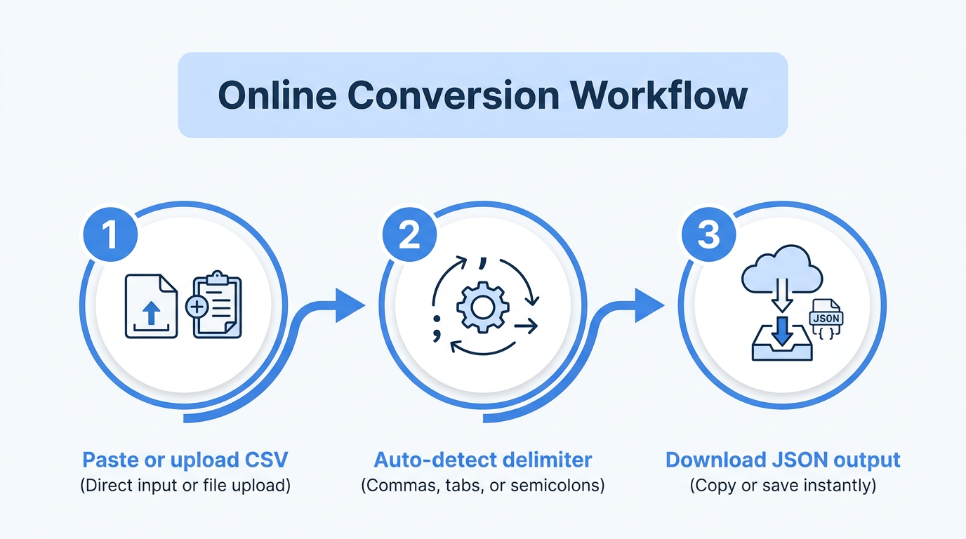 Step-by-step workflow of converting CSV to JSON using online tool