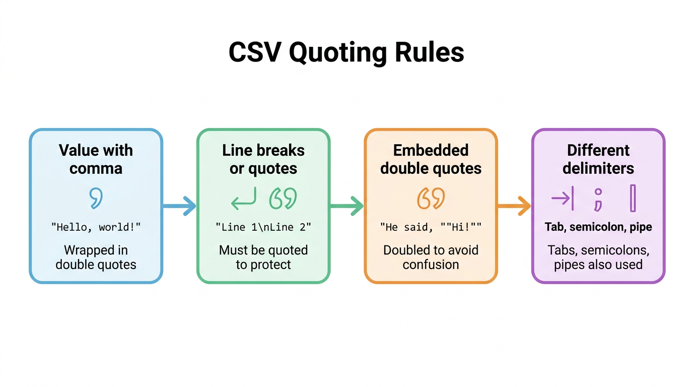 Visual guide showing CSV quoting rules for special characters and commas