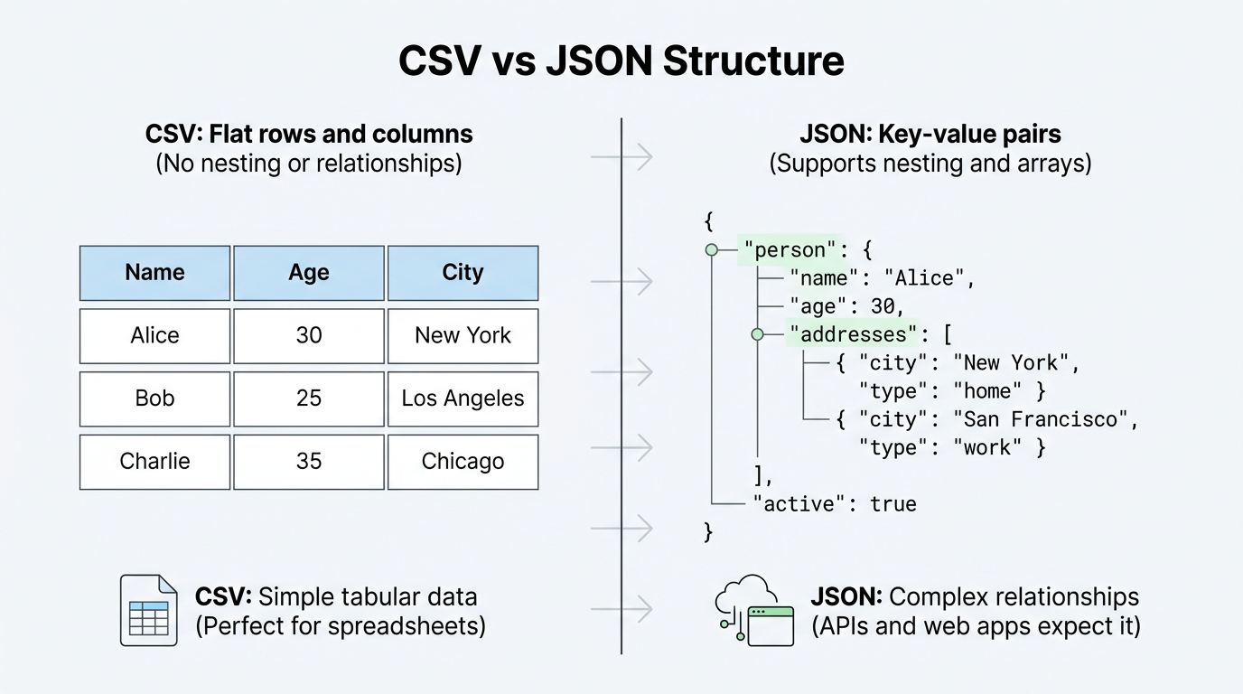 Side-by-side comparison of CSV flat rows and JSON nested structure
