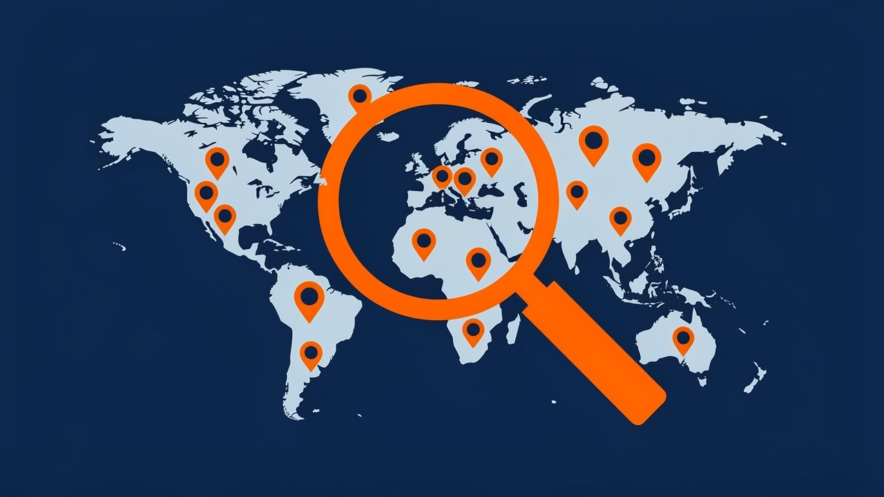 Magnifying glass searching over a world map with location markers