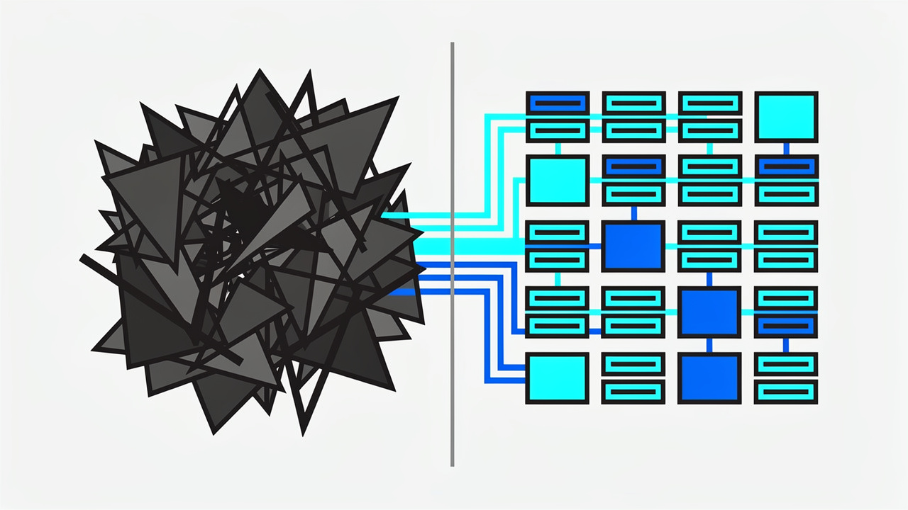 Messy versus organized data comparison icon