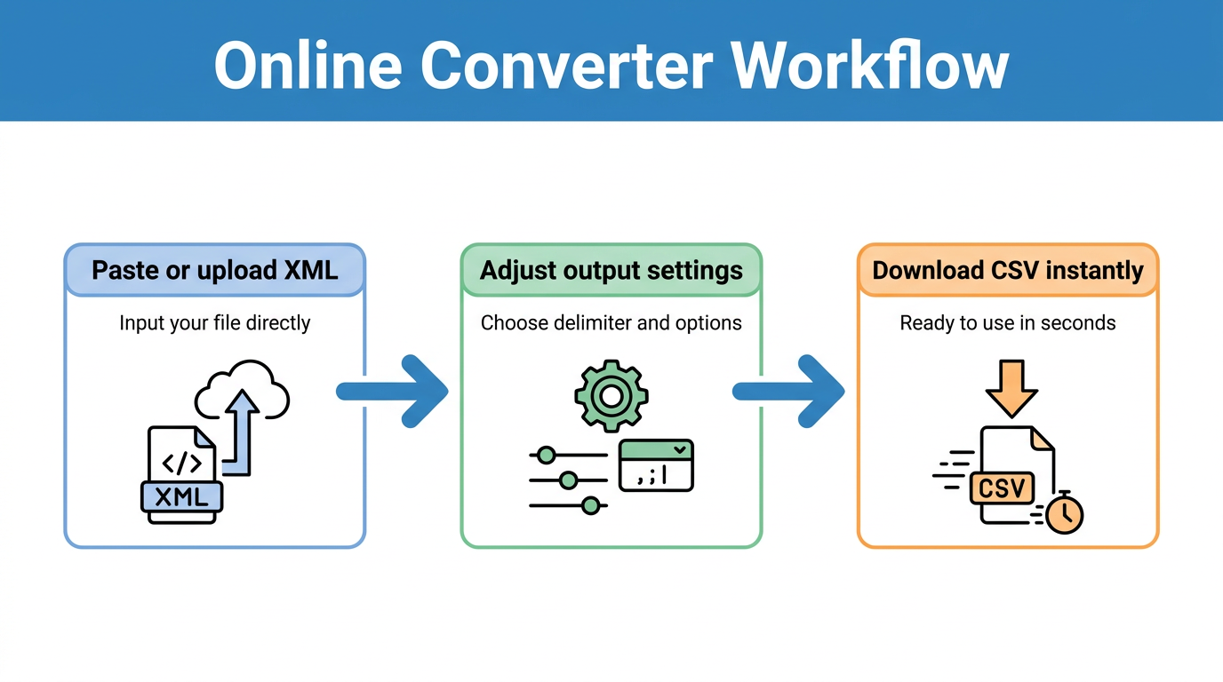 Three-step XML to CSV online conversion process flow