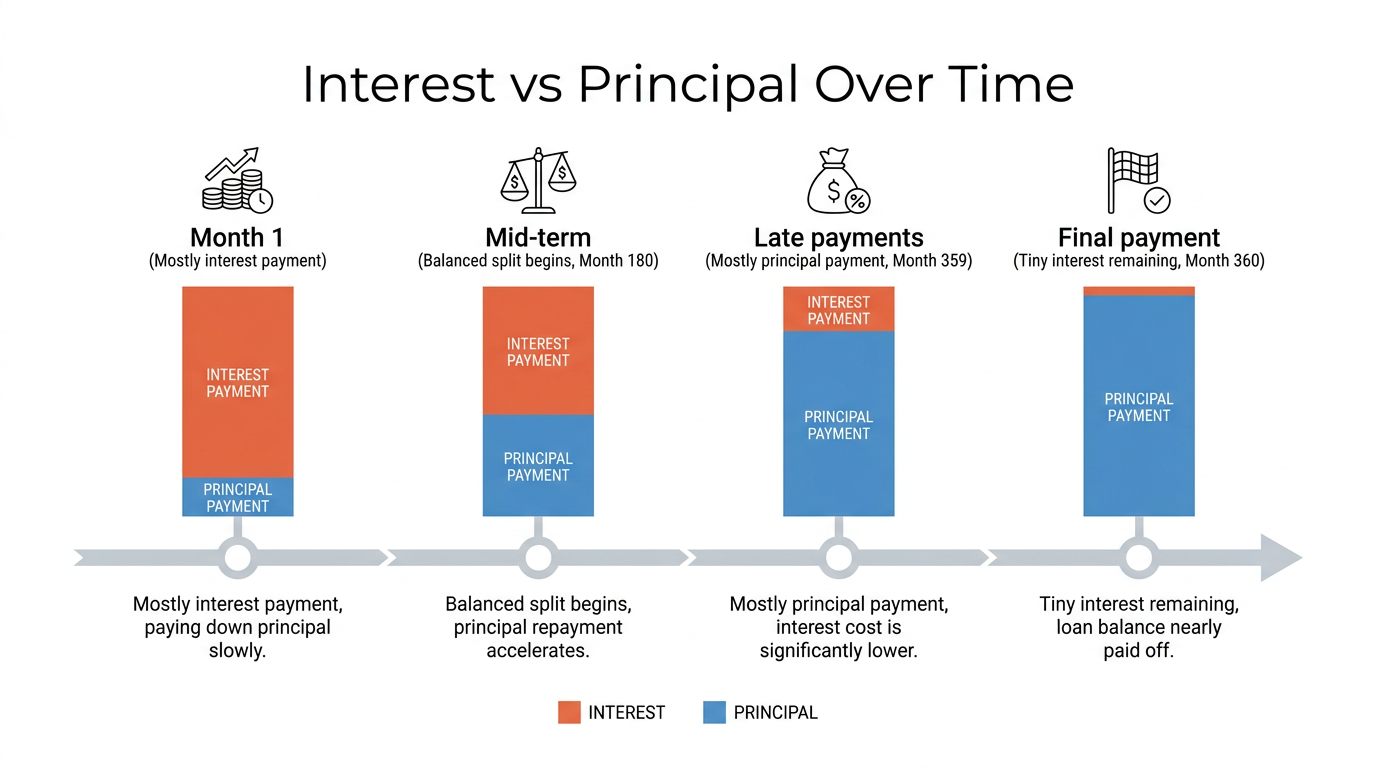 Timeline showing how mortgage payment shifts from interest to principal