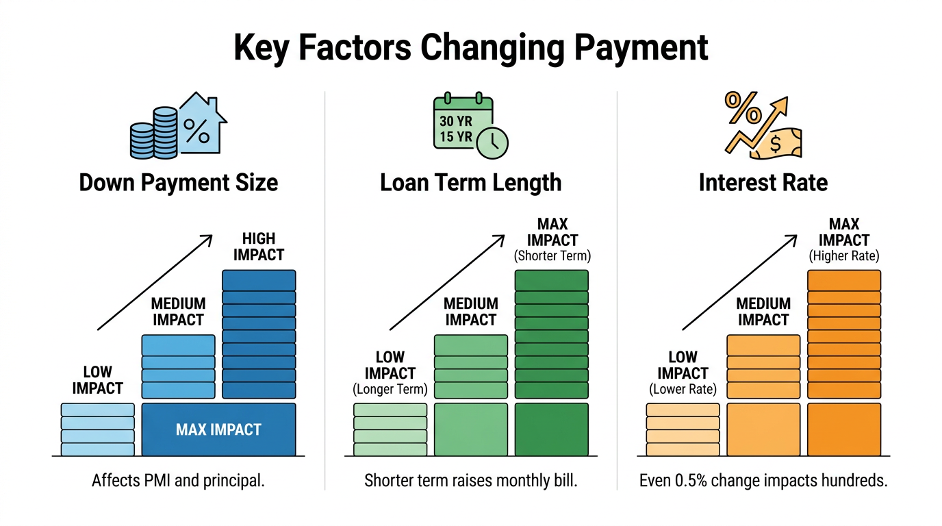 Comparison of how down payment, term, and rate affect monthly payment