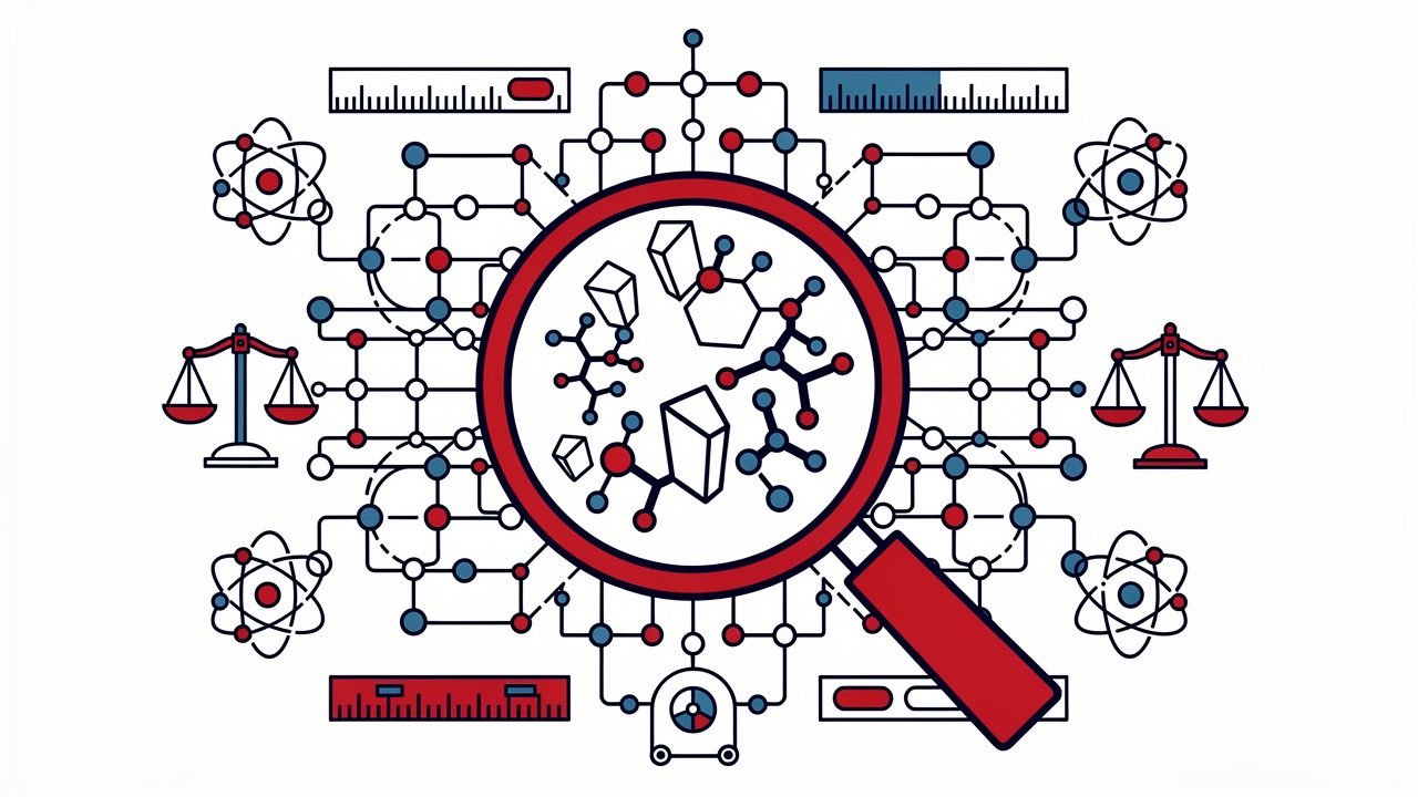 Magnifying glass examining interconnected measurement symbols and scientific structures