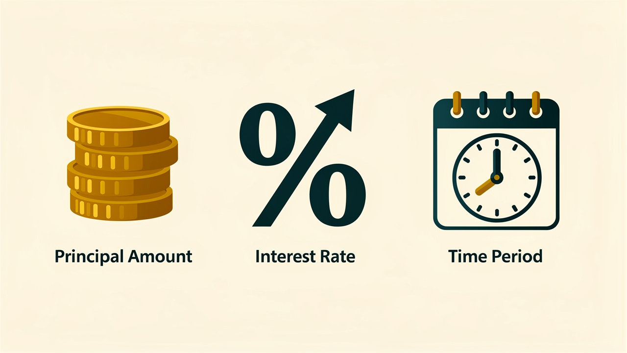 Three symbolic icons representing principal, rate, and time variables