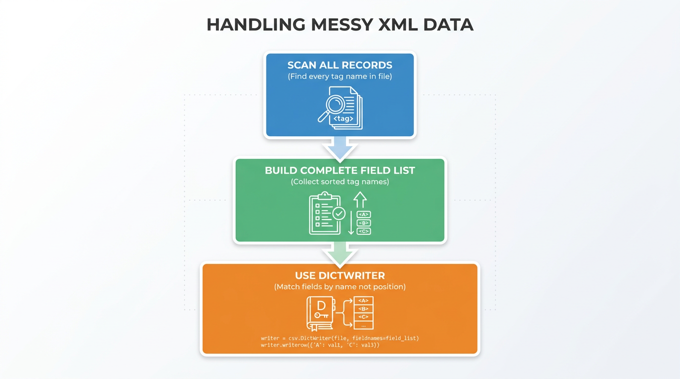 Python script steps for XML to CSV conversion process