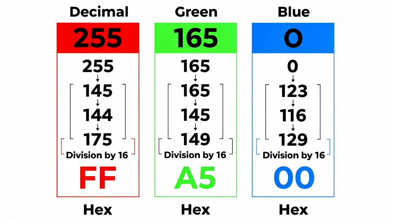 Mathematical steps converting RGB decimal values to hexadecimal pairs