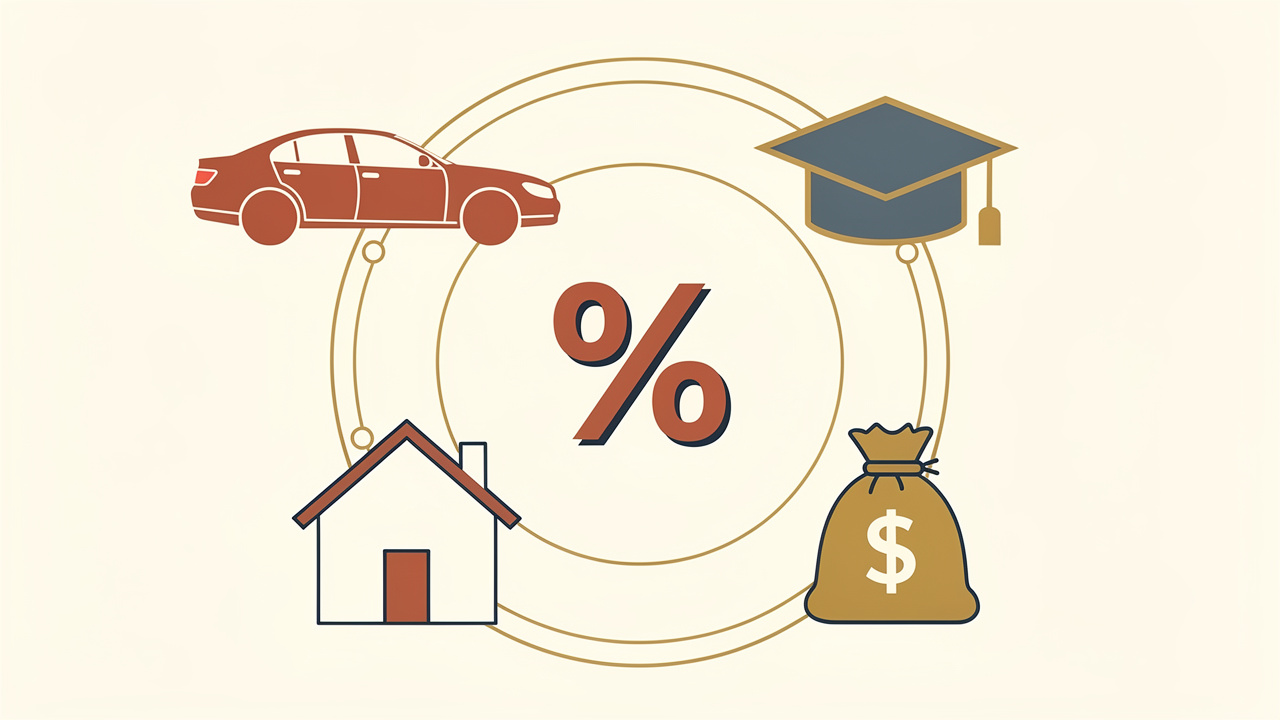 Icons representing auto loans, student loans, mortgages, and personal loans