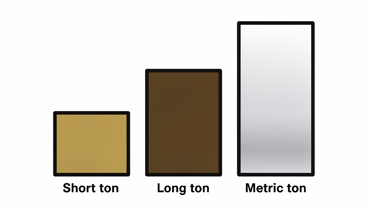 Three stacked blocks showing relative weight differences between short, long, and metric tons