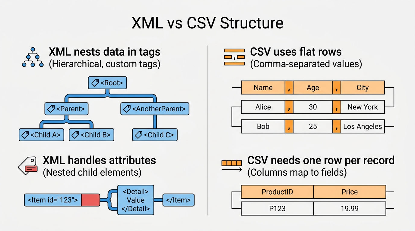 XML nested structure versus CSV flat rows comparison